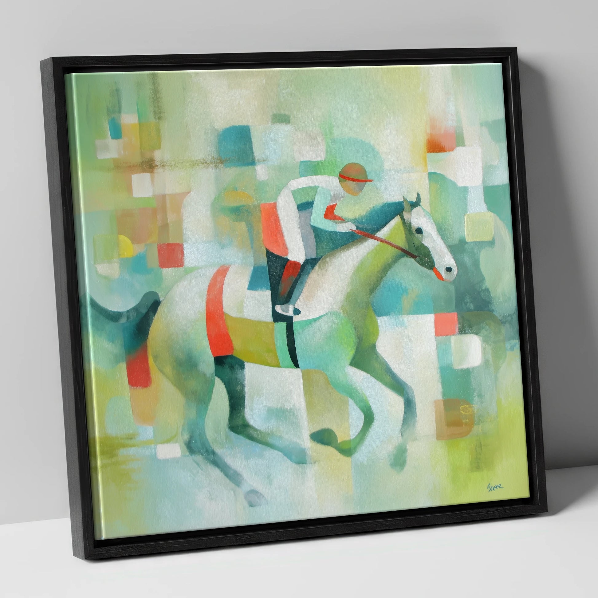 Geometric Gallop racing horse canvas wall art in black frame