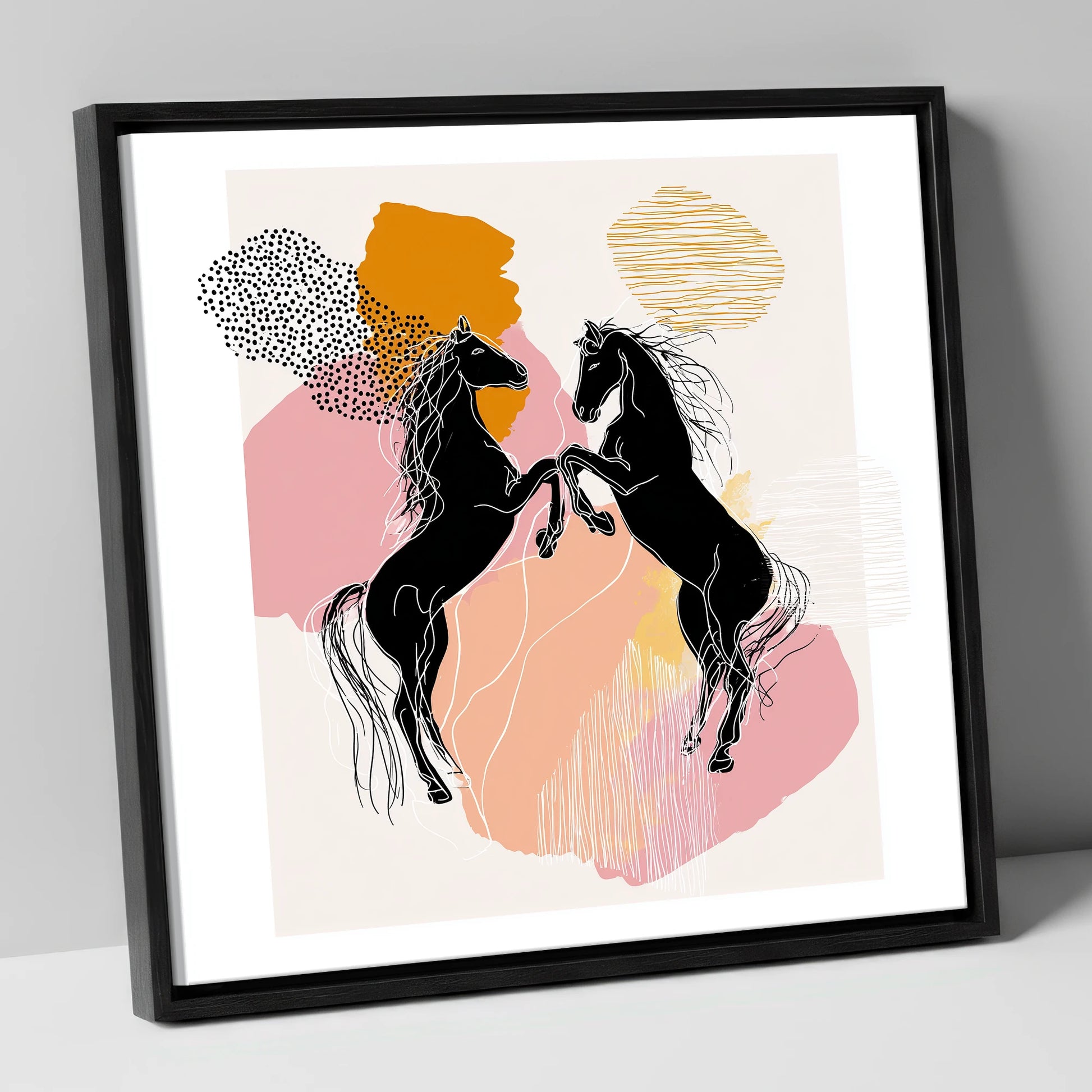 Abstract Equine Harmony wild horses canvas wall art in black frame