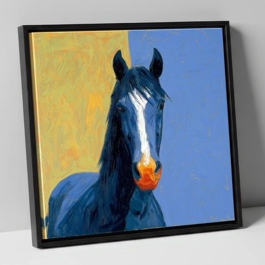 The Azure Blaze horse breed canvas wall art in black frame