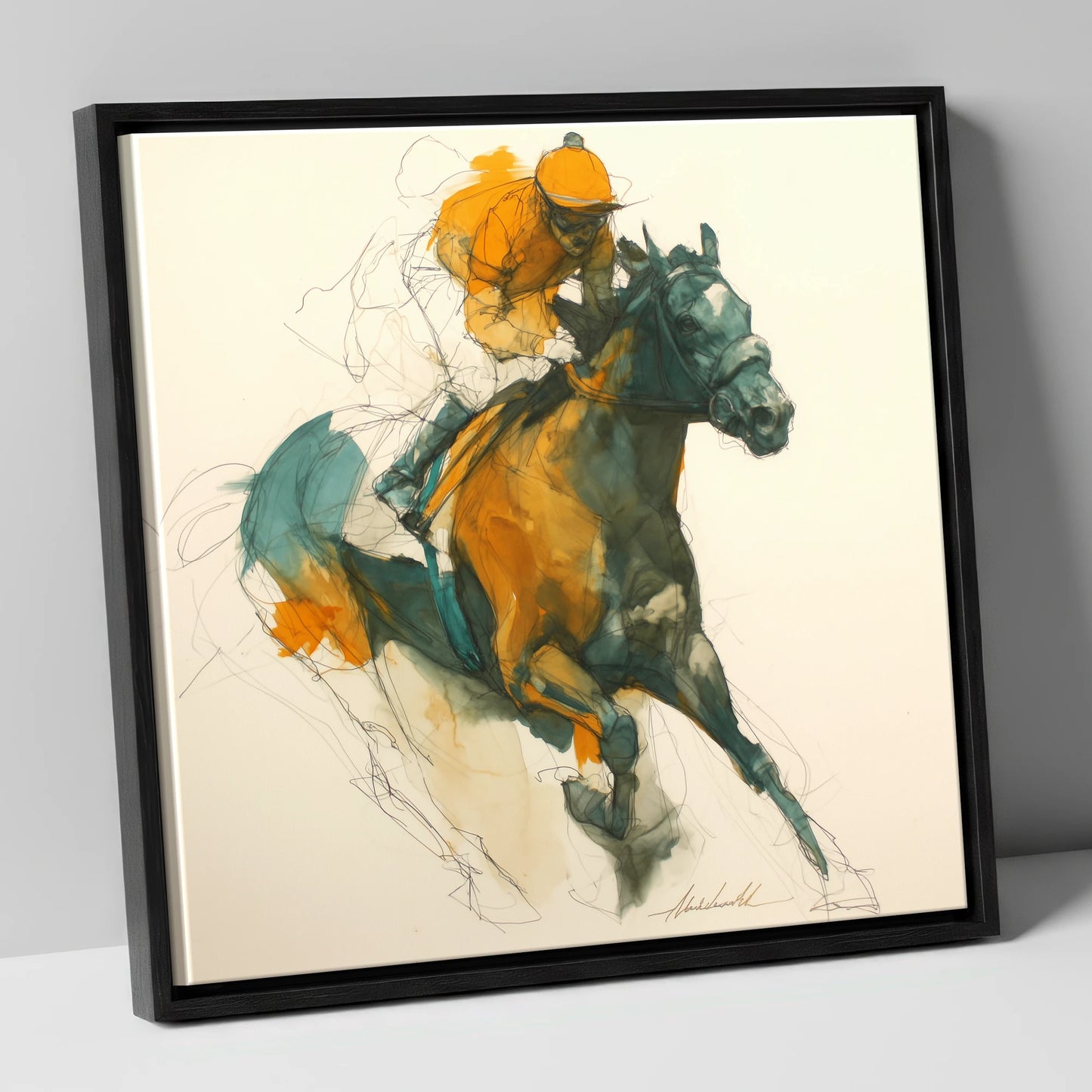 Amber Surge racing horse canvas wall art in black frame