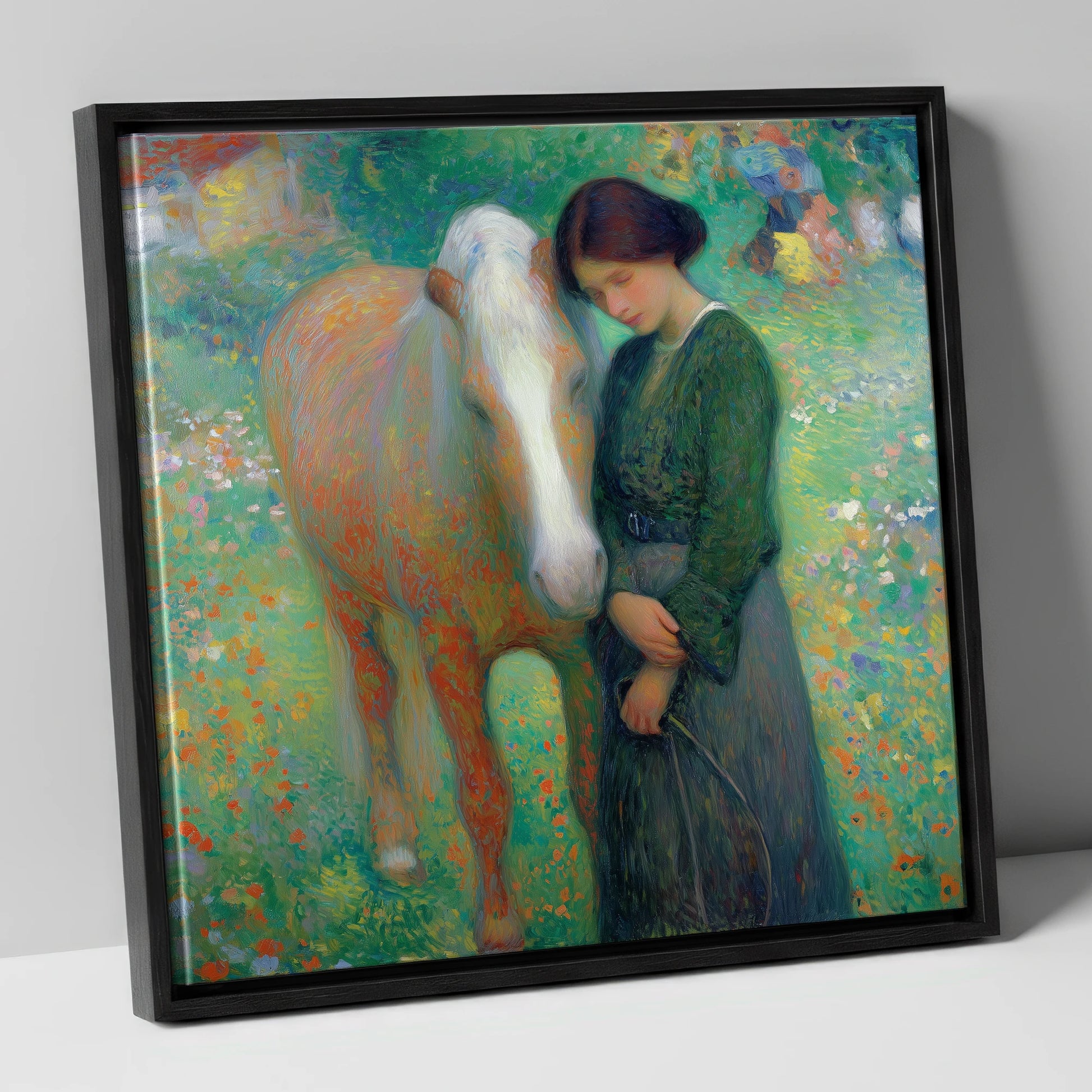 Meadow's Embrace horse & rider canvas wall art in black frame