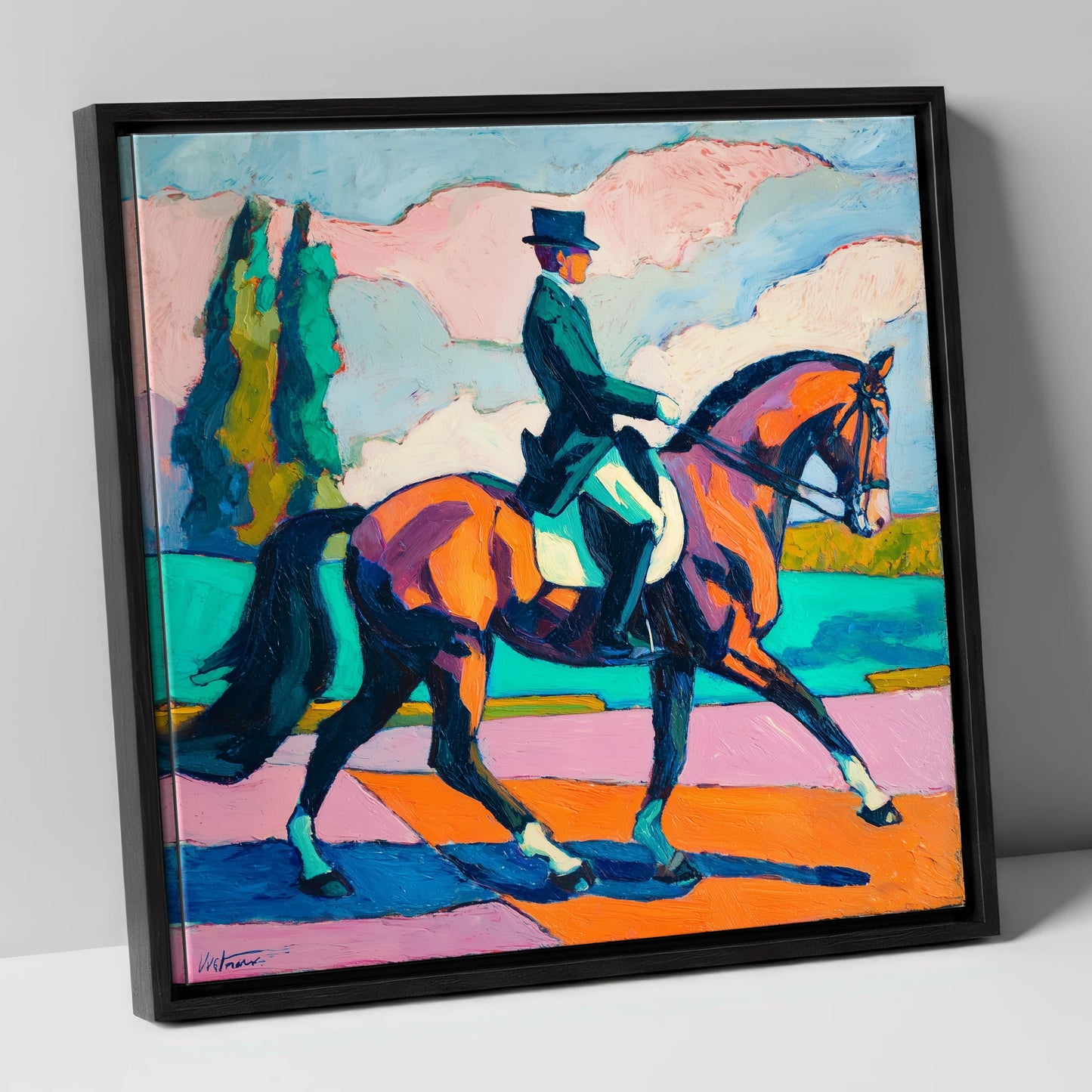 Vibrant Dressage Rhythm dressage horse canvas wall art in black frame