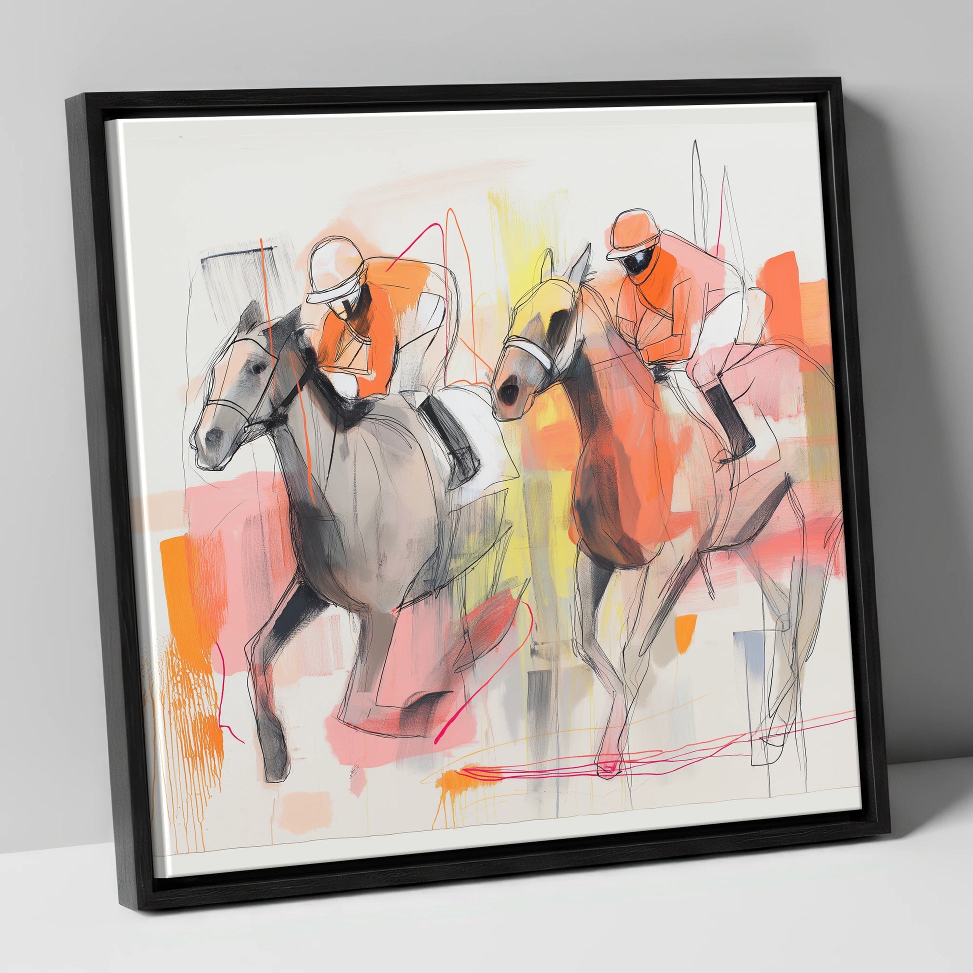Vibrant Pursuit racing horse canvas wall art in black frame