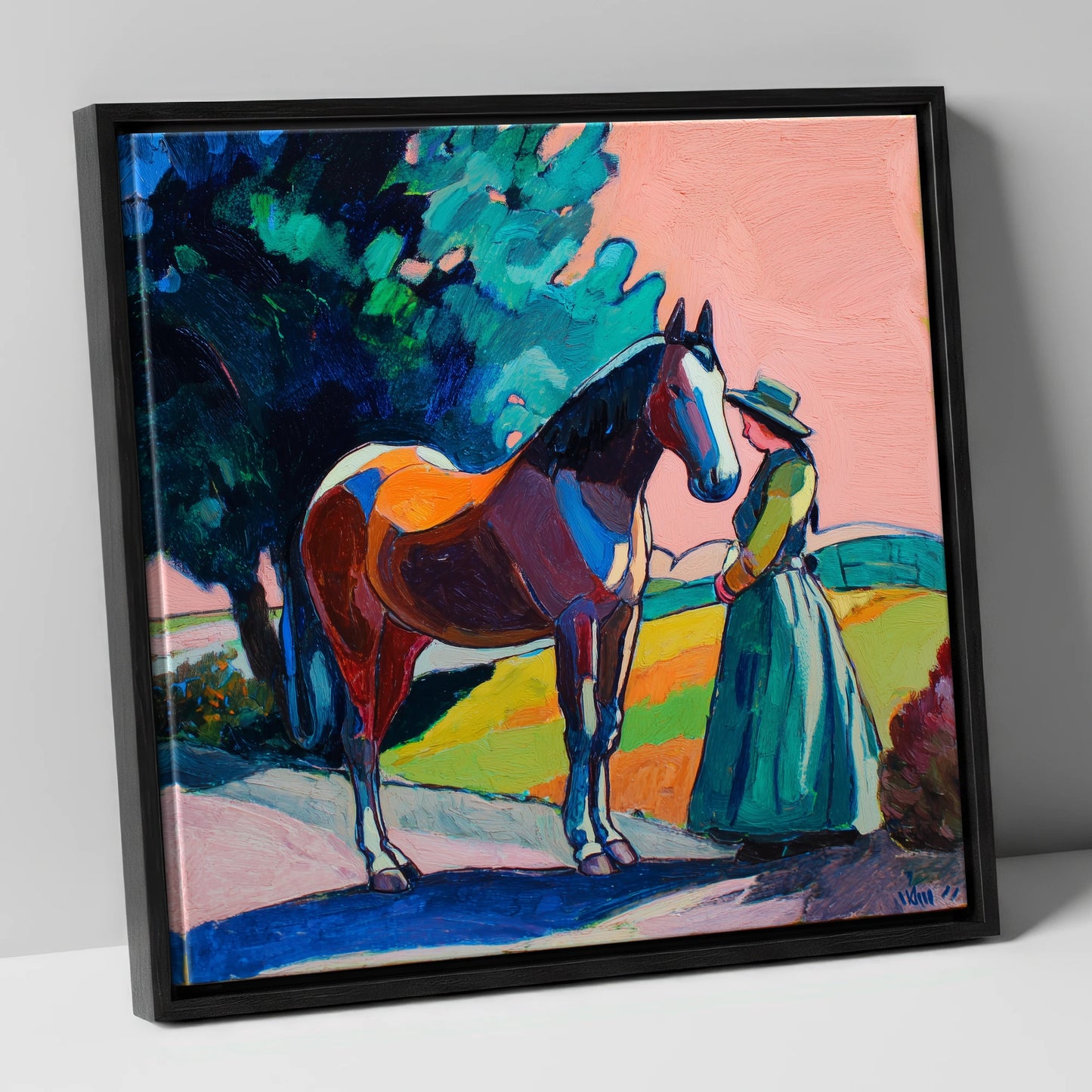 Painted Bond horse & rider canvas wall art in black frame