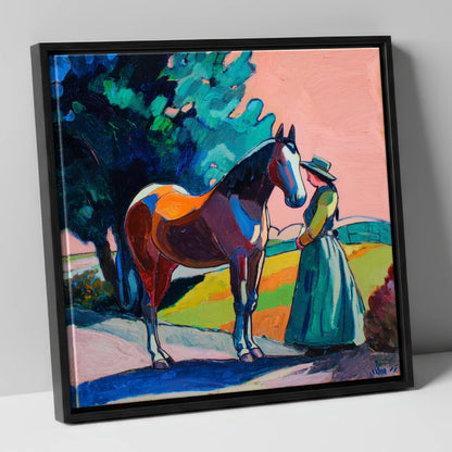 Painted Bond horse & rider canvas wall art in black frame