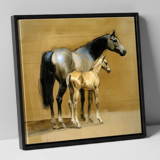 Slate and Gold mare & foal canvas wall art in black frame