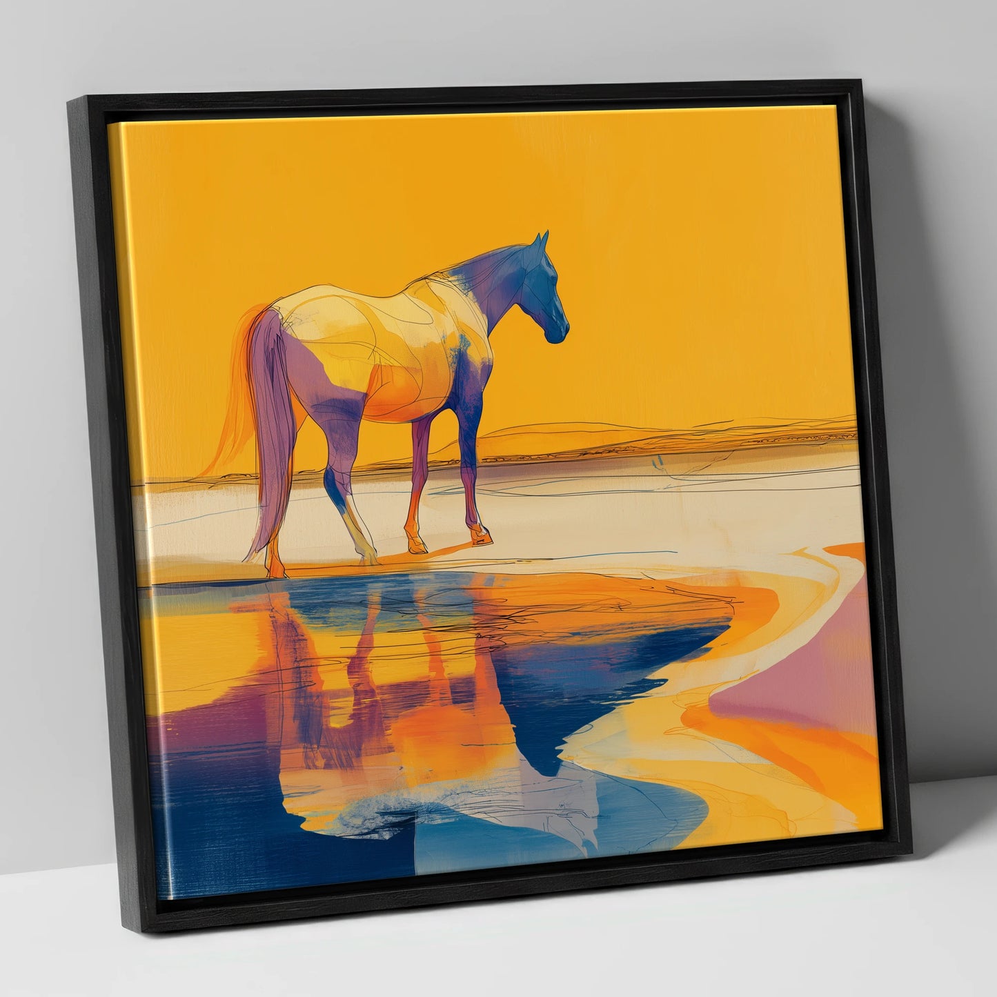 Golden Equine Mirage horse landscape canvas wall art in black frame