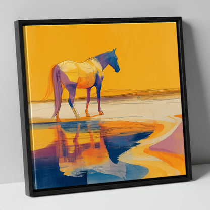 Golden Equine Mirage horse landscape canvas wall art in black frame