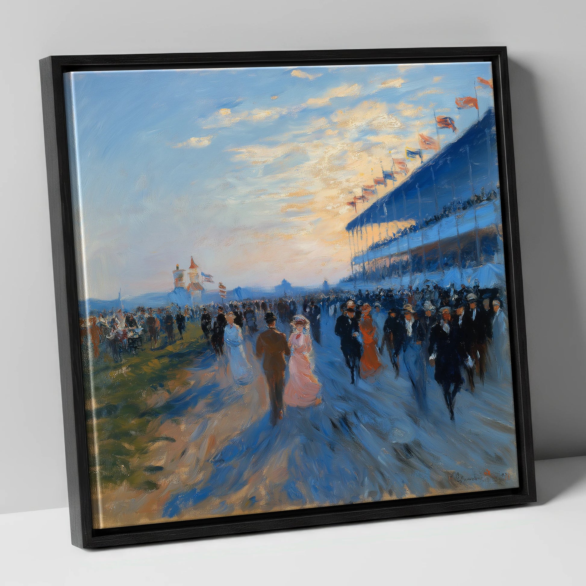 Evening at the Races racing horse canvas wall art in black frame