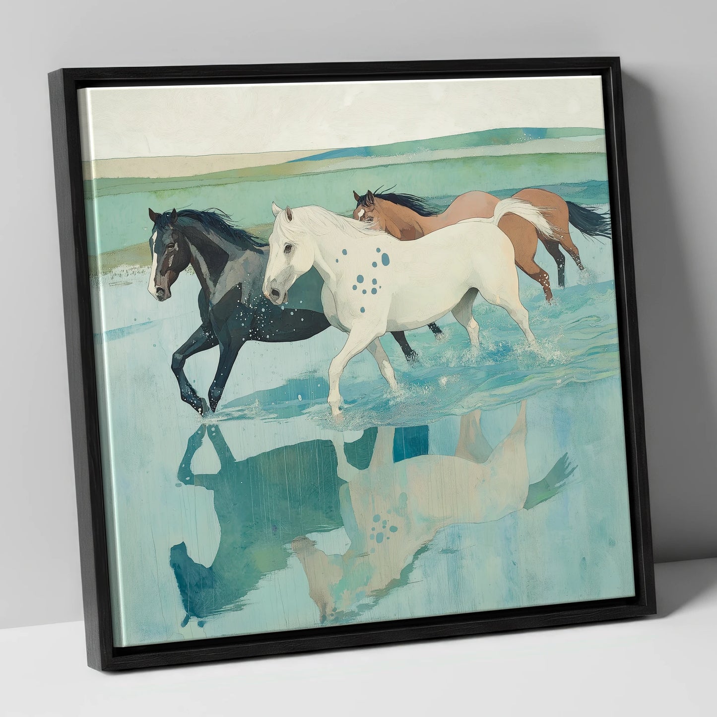 Tidal Canter wild horses canvas wall art in black frame