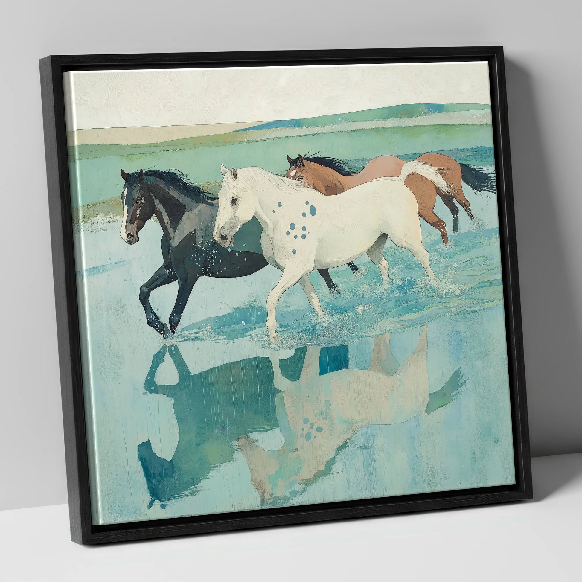 Tidal Canter wild horses canvas wall art in black frame