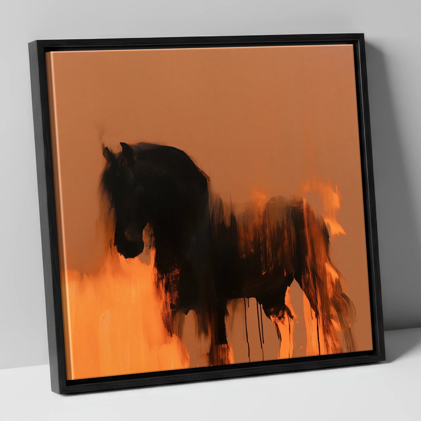 Black Friesian In Burnt Orange horse breed canvas wall art in black frame