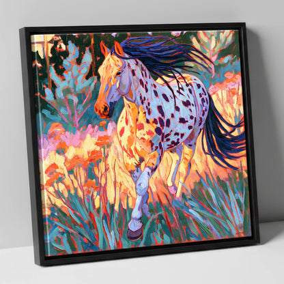 Colourful Appaloosa at Canter horse breed canvas wall art in black frame