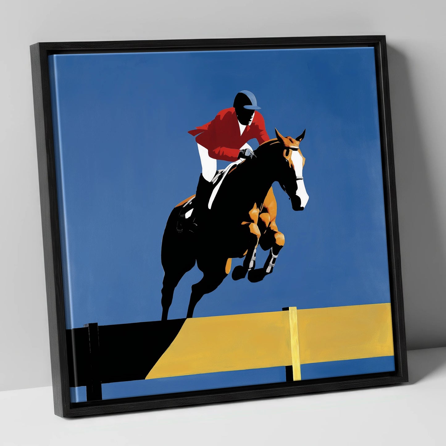 Suspended in Blue show jumping horse canvas wall art in black frame