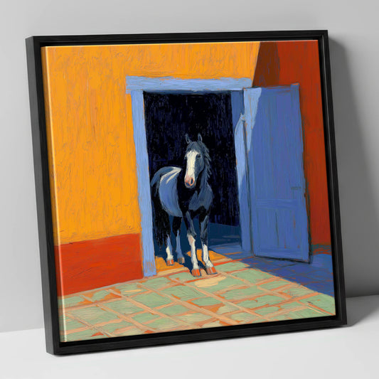 Horse by Blue Stable Door horse stable canvas wall art in black frame