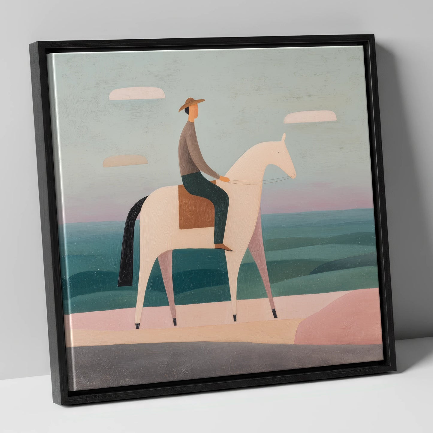 Minimalist Coastal Rider beach horse canvas wall art in black frame