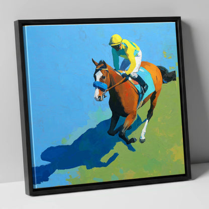 Flight and Shadow racing horse canvas wall art in black frame