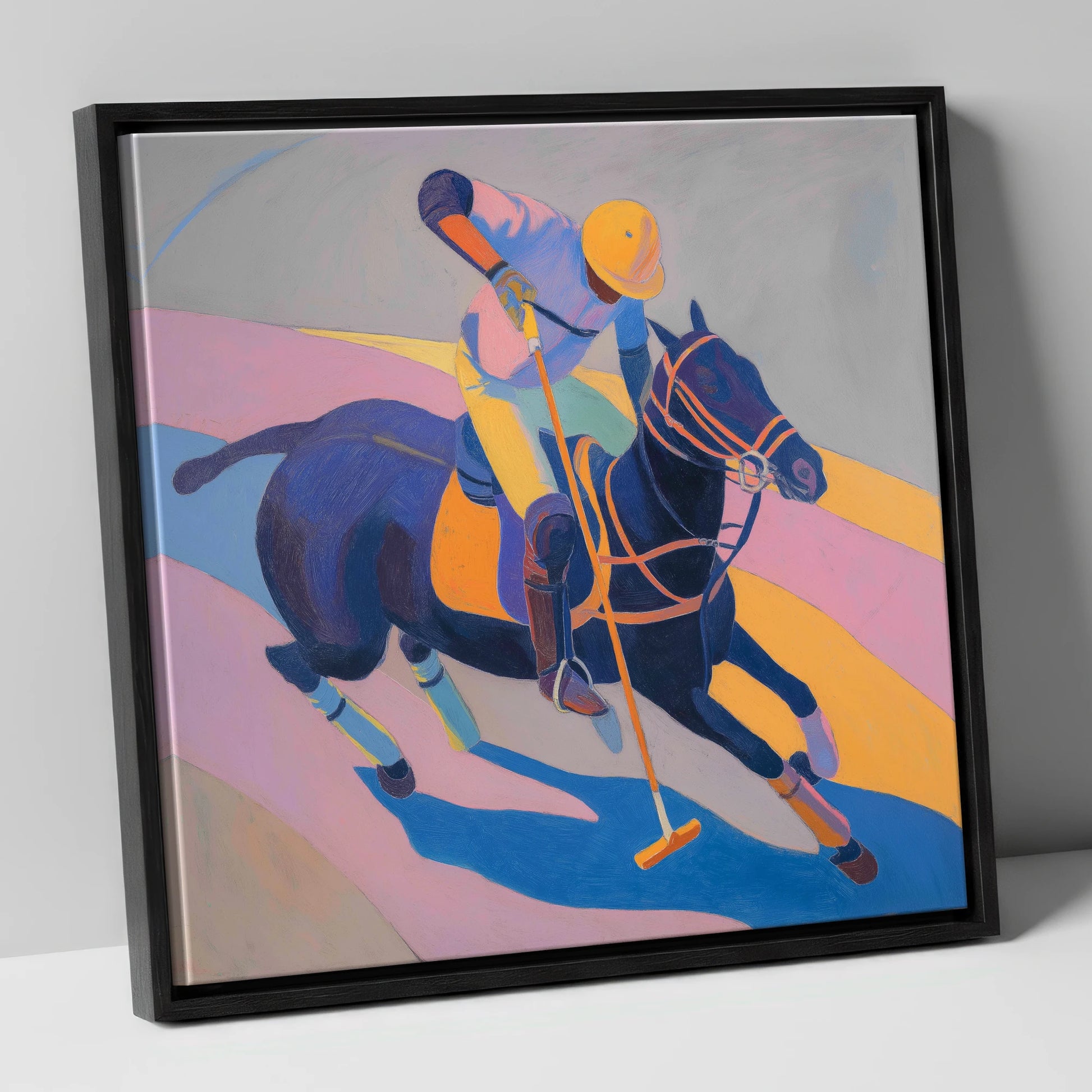 Vibrant Polo Charge polo horse canvas wall art in black frame