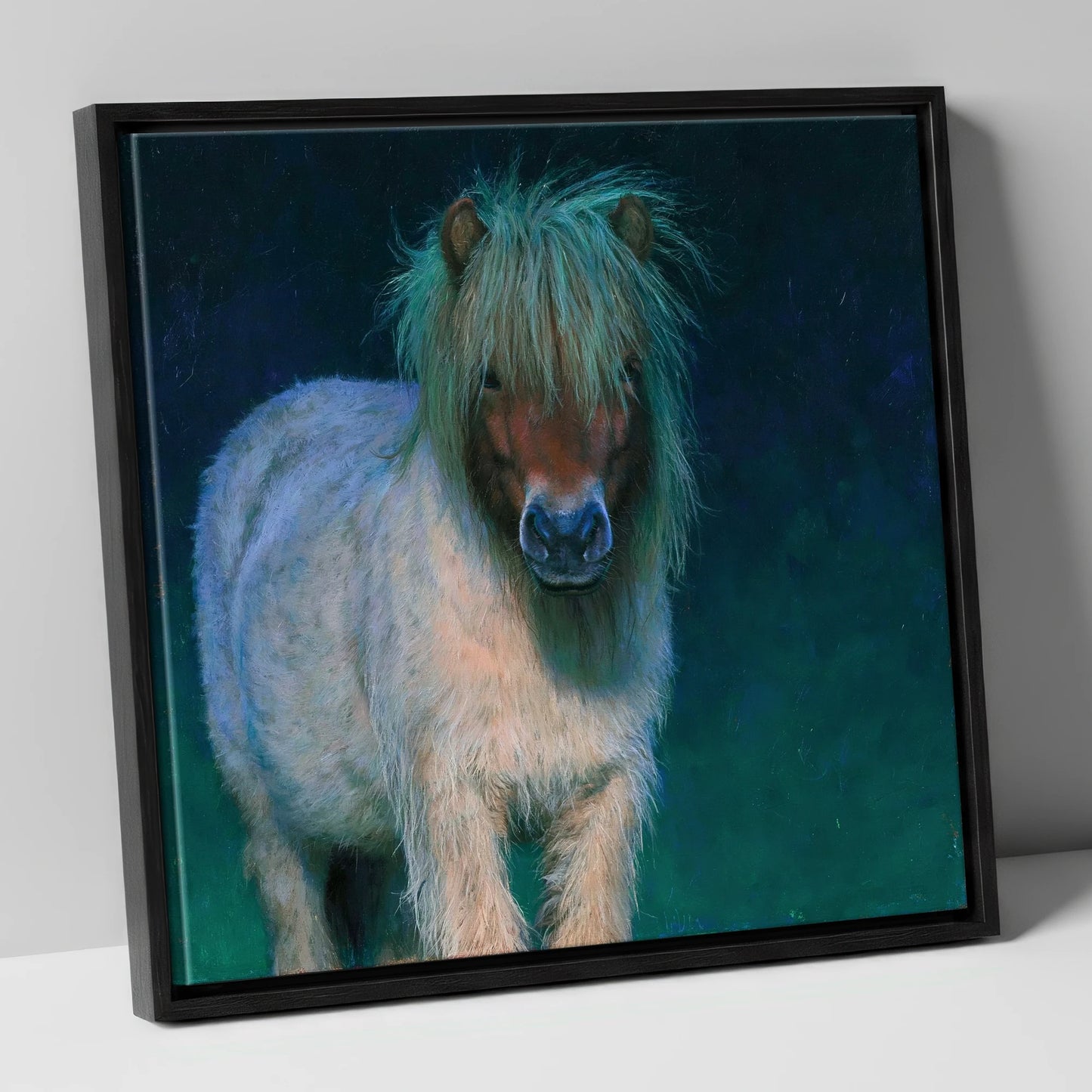 Shetland Pony in Moonlight horse breed canvas wall art in black frame