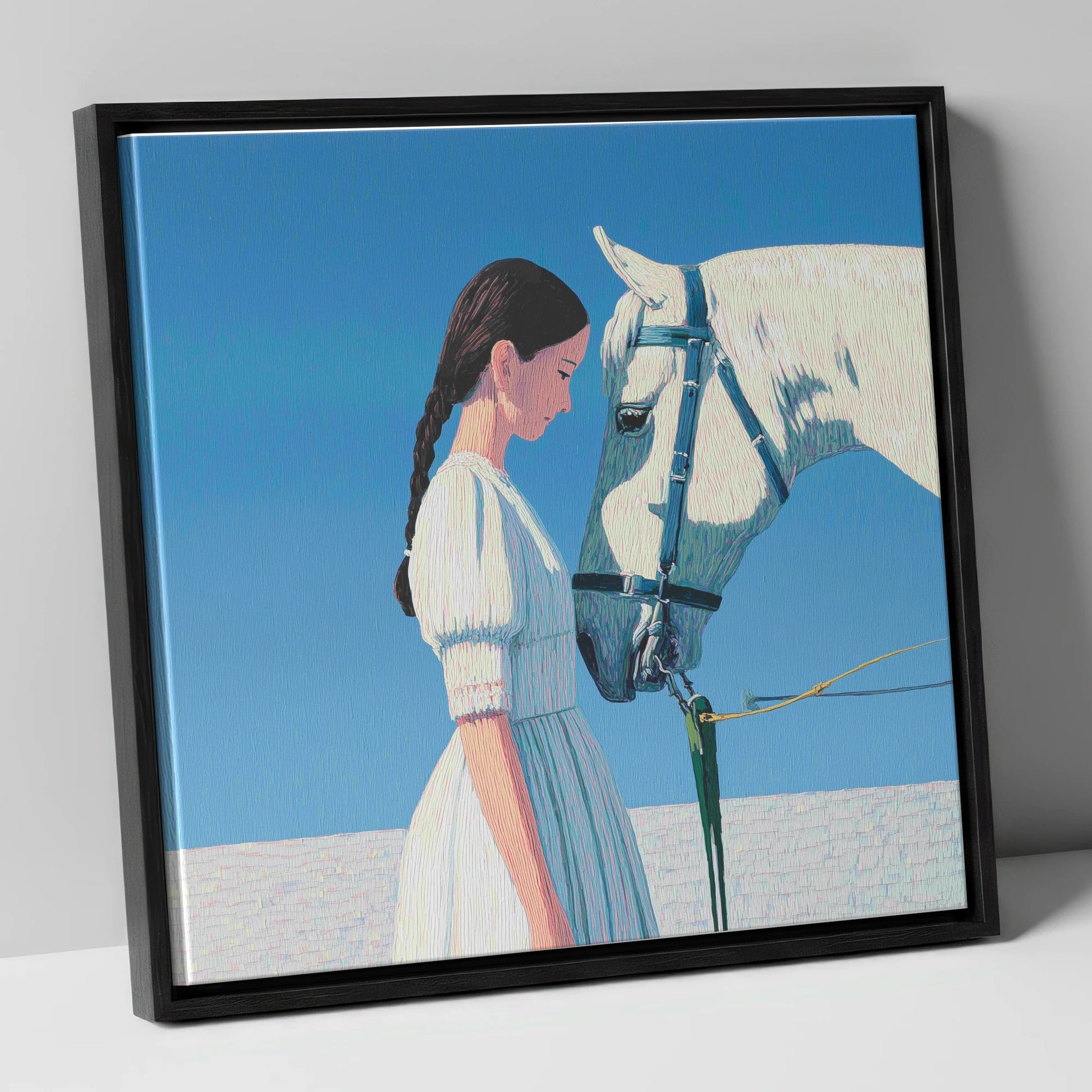 Silent Dialogue horse & rider canvas wall art in black frame