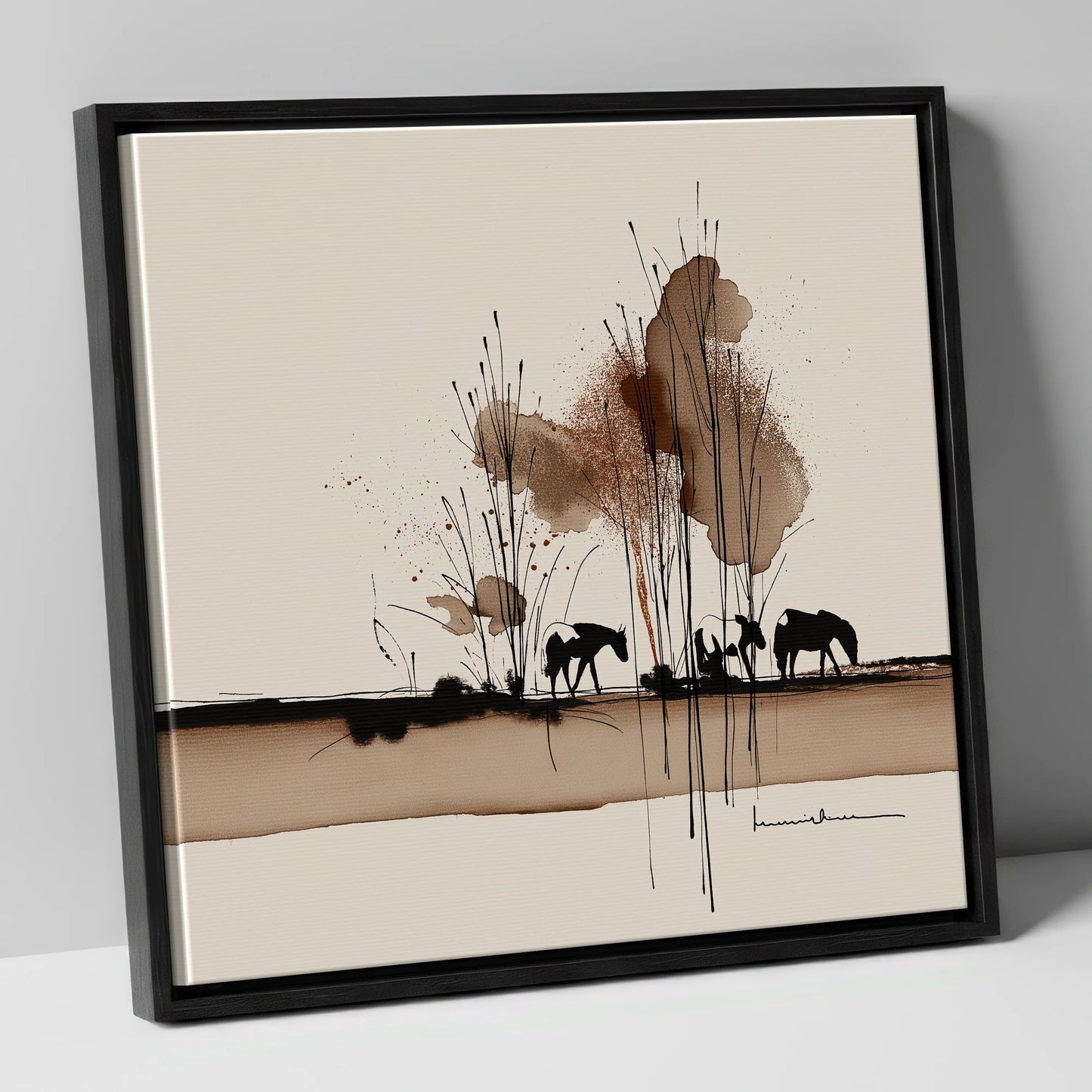 Grazing in Sepia Shadows horse landscape canvas wall art in black frame