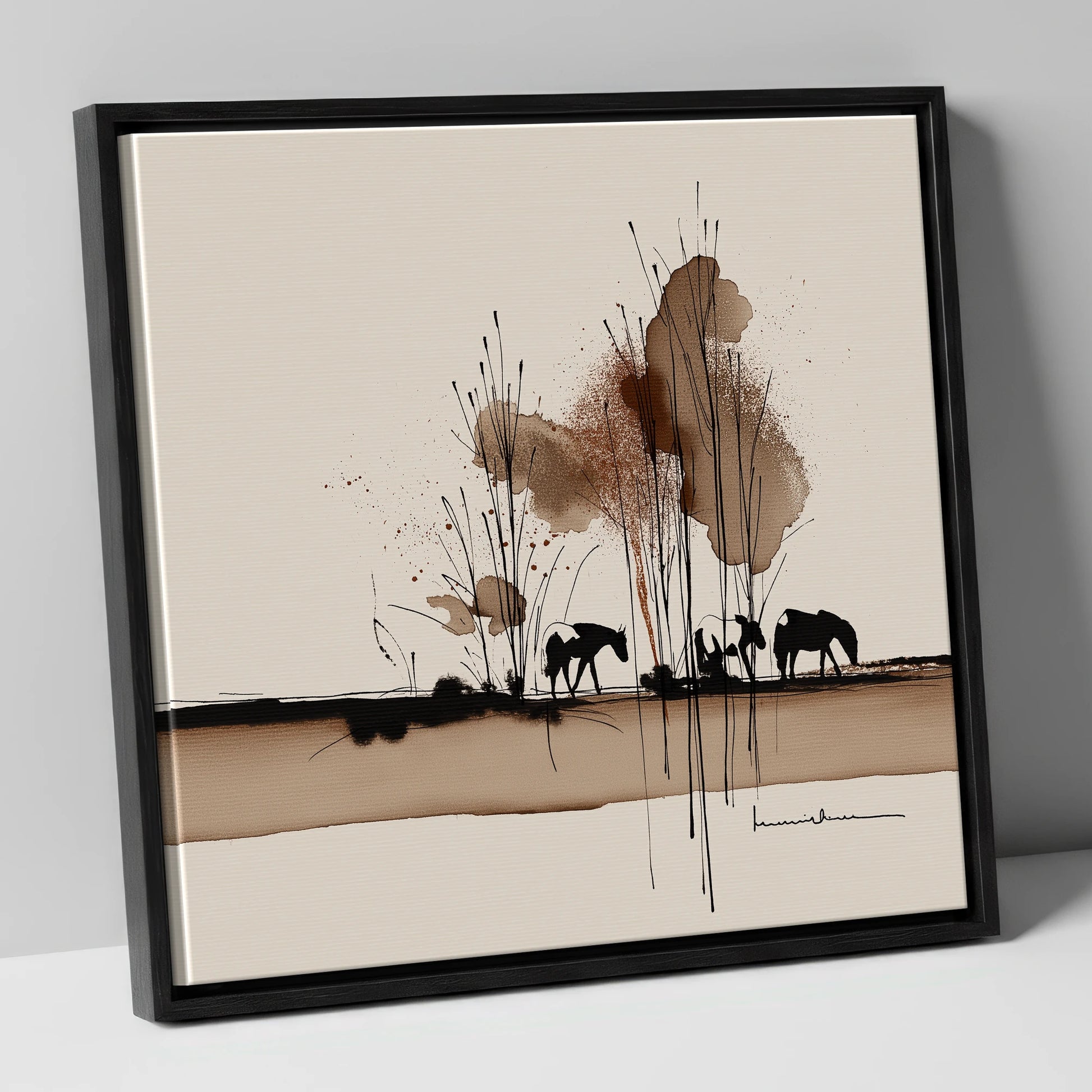 Grazing in Sepia Shadows horse landscape canvas wall art in black frame