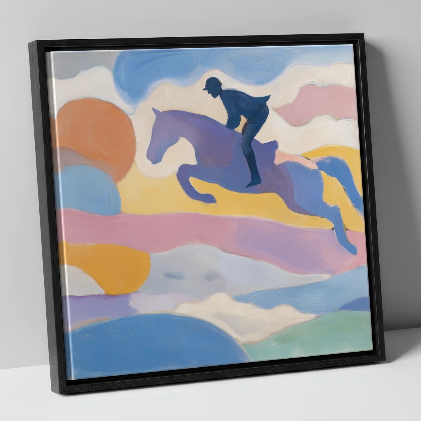 Pastel Flight show jumping horse canvas wall art in black frame