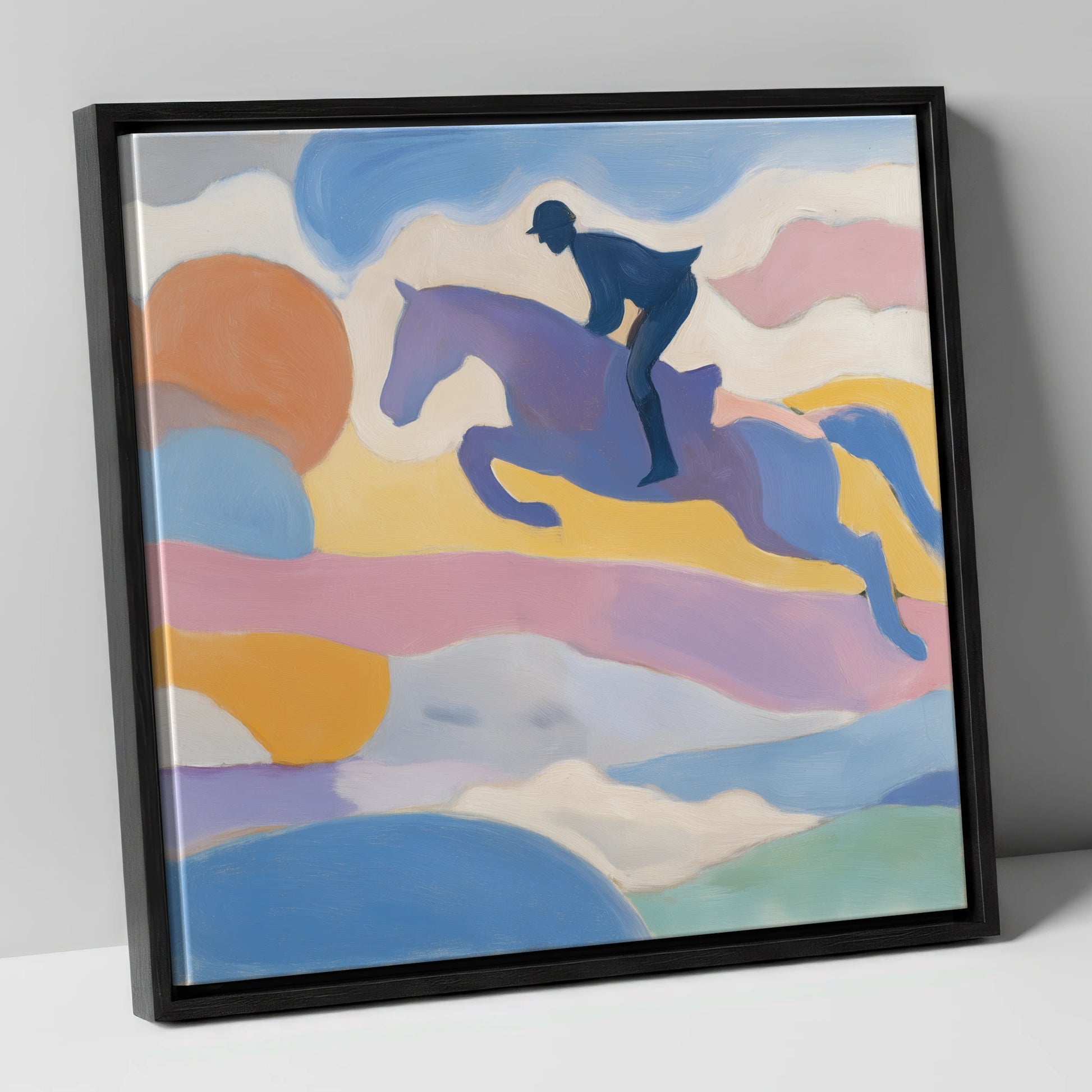 Pastel Flight show jumping horse canvas wall art in black frame