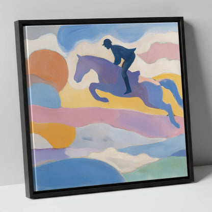 Pastel Flight show jumping horse canvas wall art in black frame