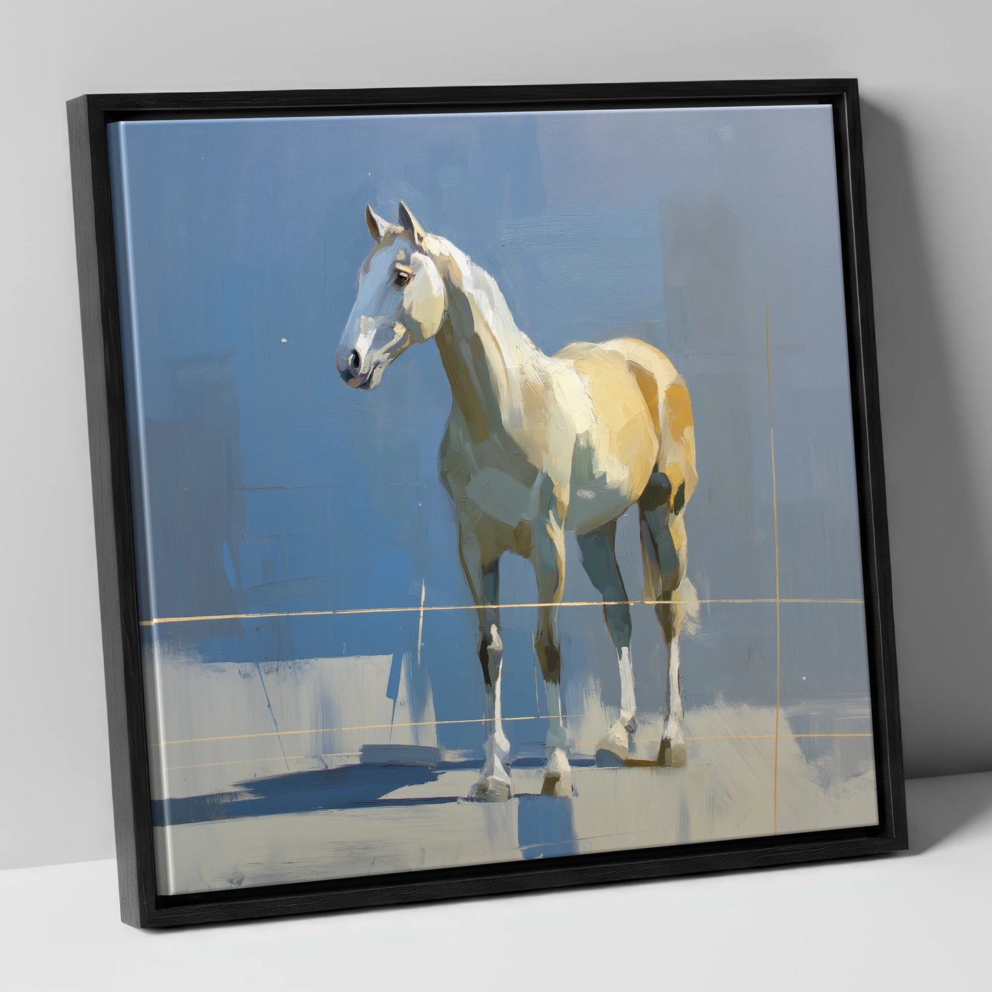 Sunlit Grey on Slate horse portrait canvas wall art in black frame