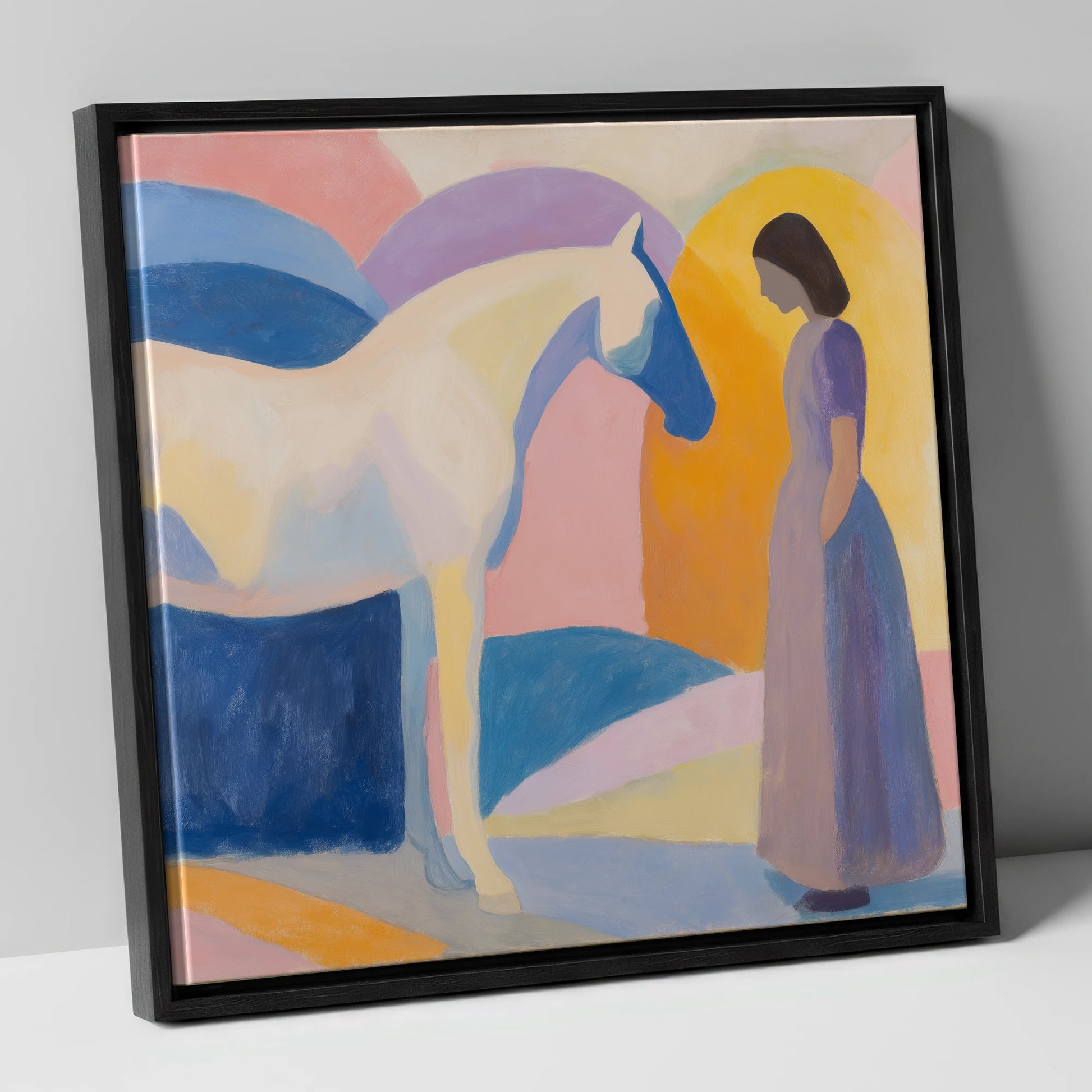 Quiet Connection horse & rider canvas wall art in black frame