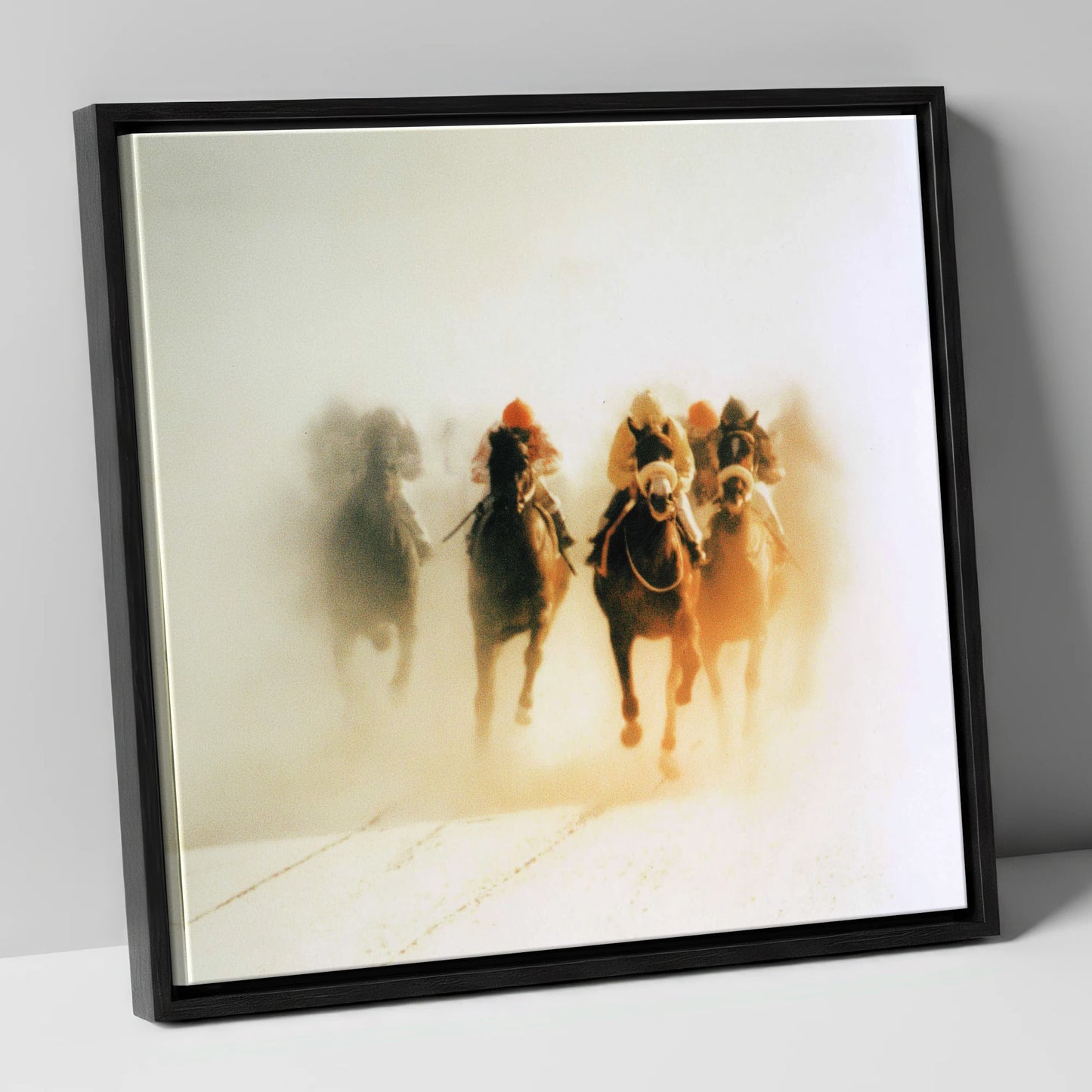 Emerging From The Mist racing horse canvas wall art in black frame