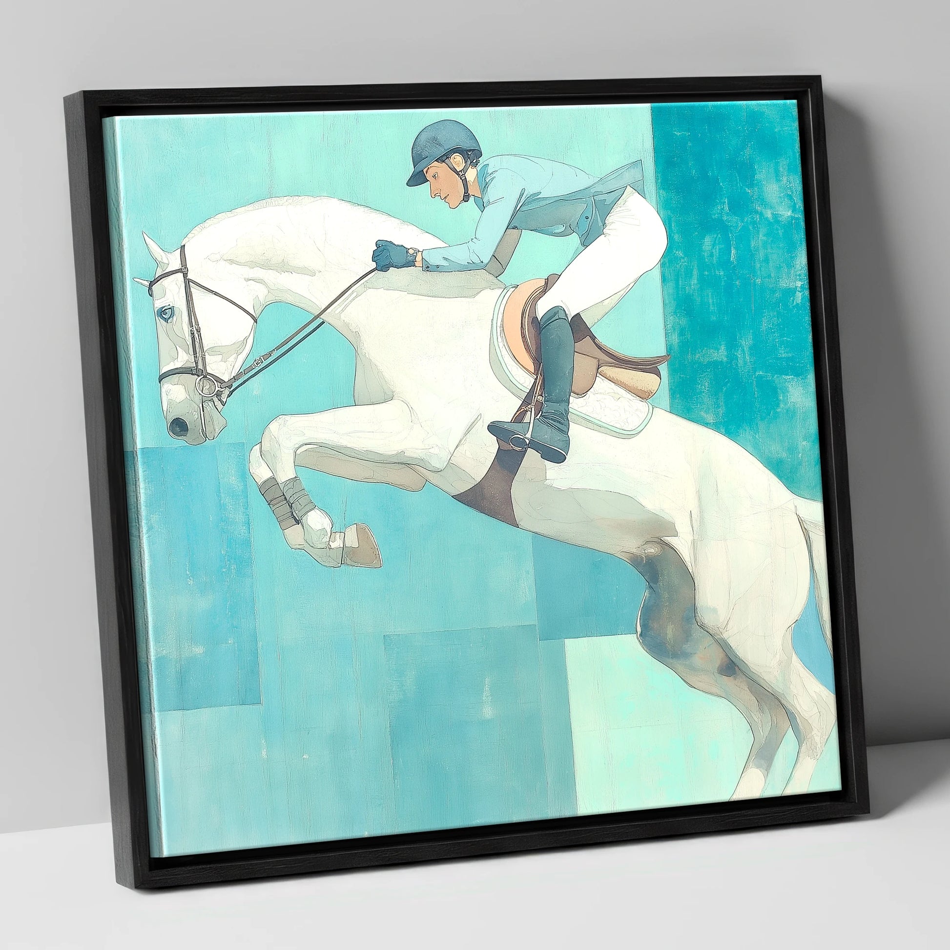 Aquamarine Flight show jumping horse canvas wall art in black frame