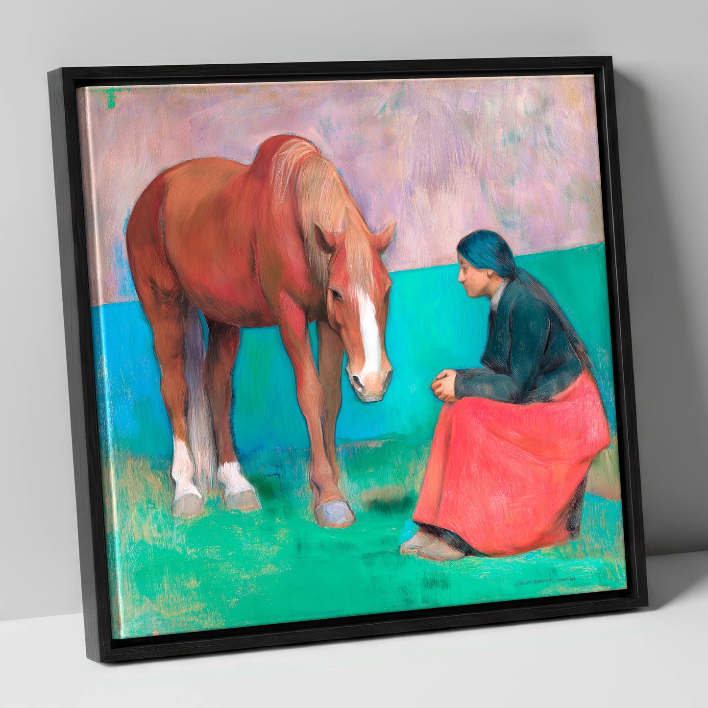 The Silent Dialogue horse & rider canvas wall art in black frame