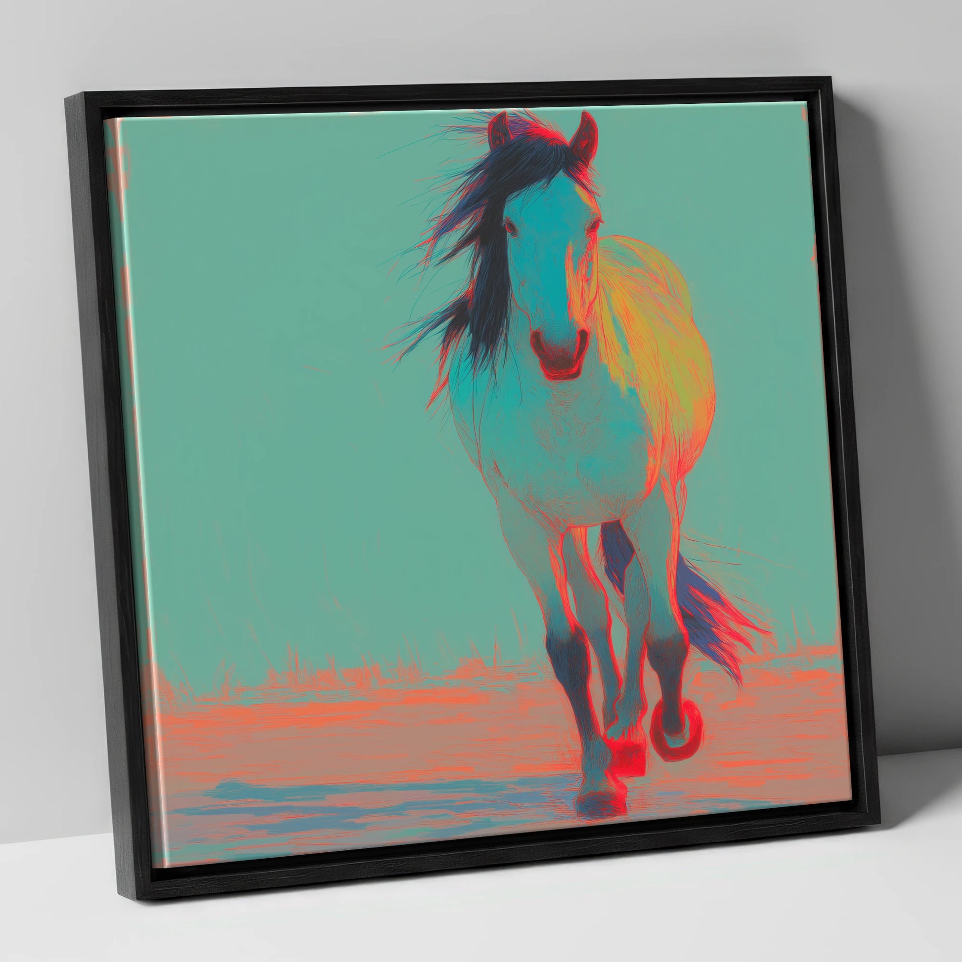 Electric Cyan Stride horse portrait canvas wall art in black frame