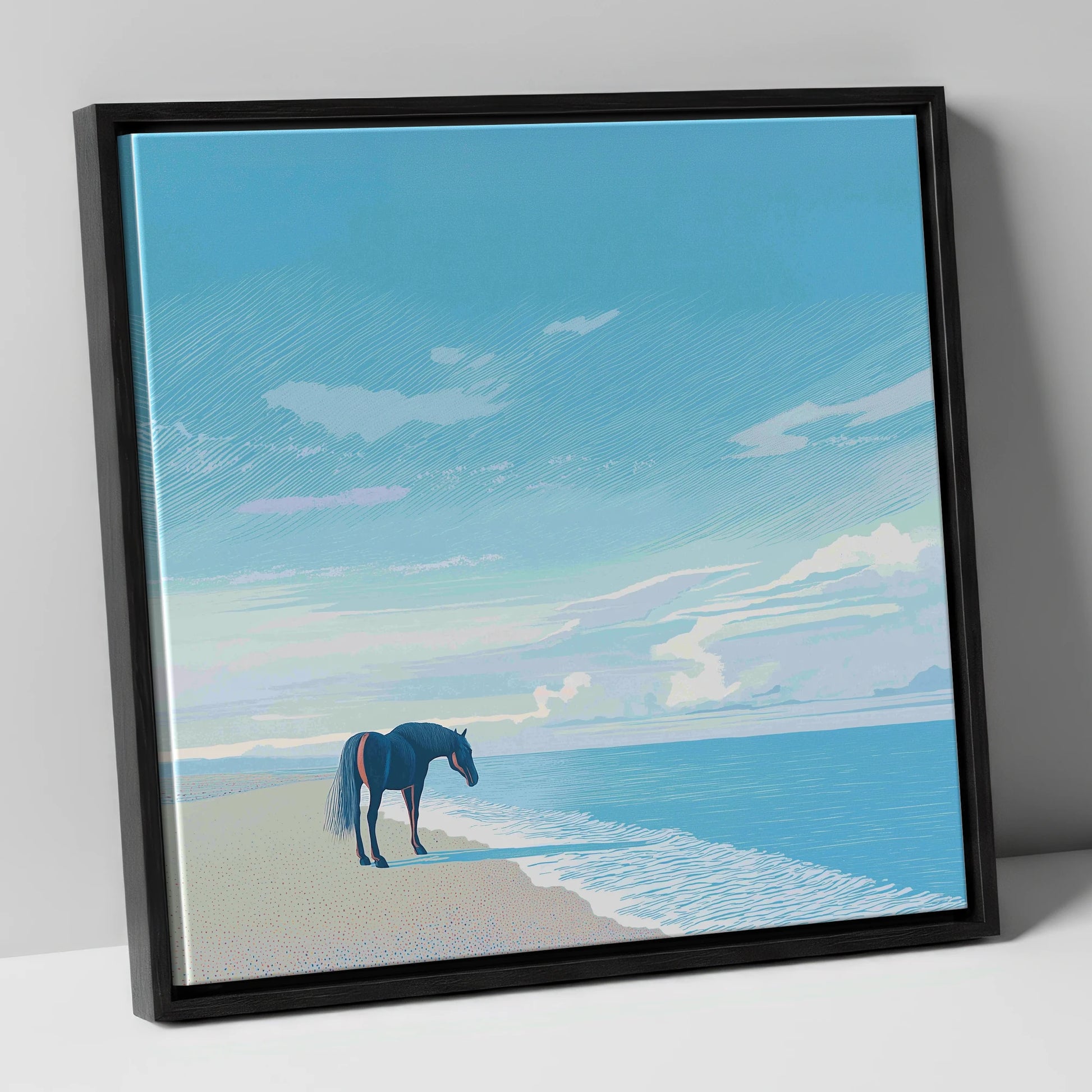 Solitude by the Sea horse landscape canvas wall art in black frame