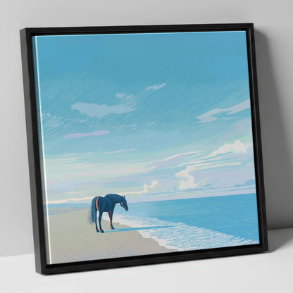 Solitude by the Sea horse landscape canvas wall art in black frame