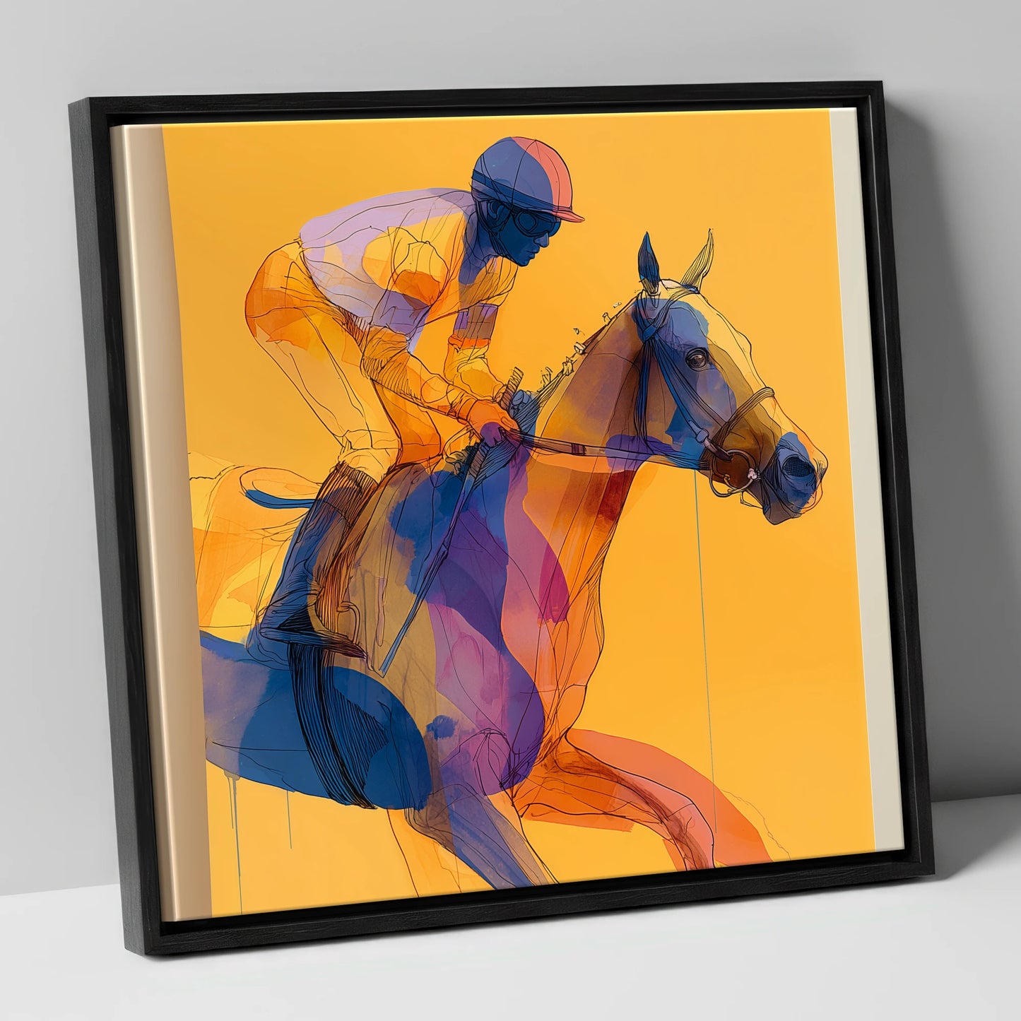 Golden Racing Stride racing horse canvas wall art in black frame