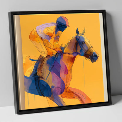 Golden Racing Stride racing horse canvas wall art in black frame