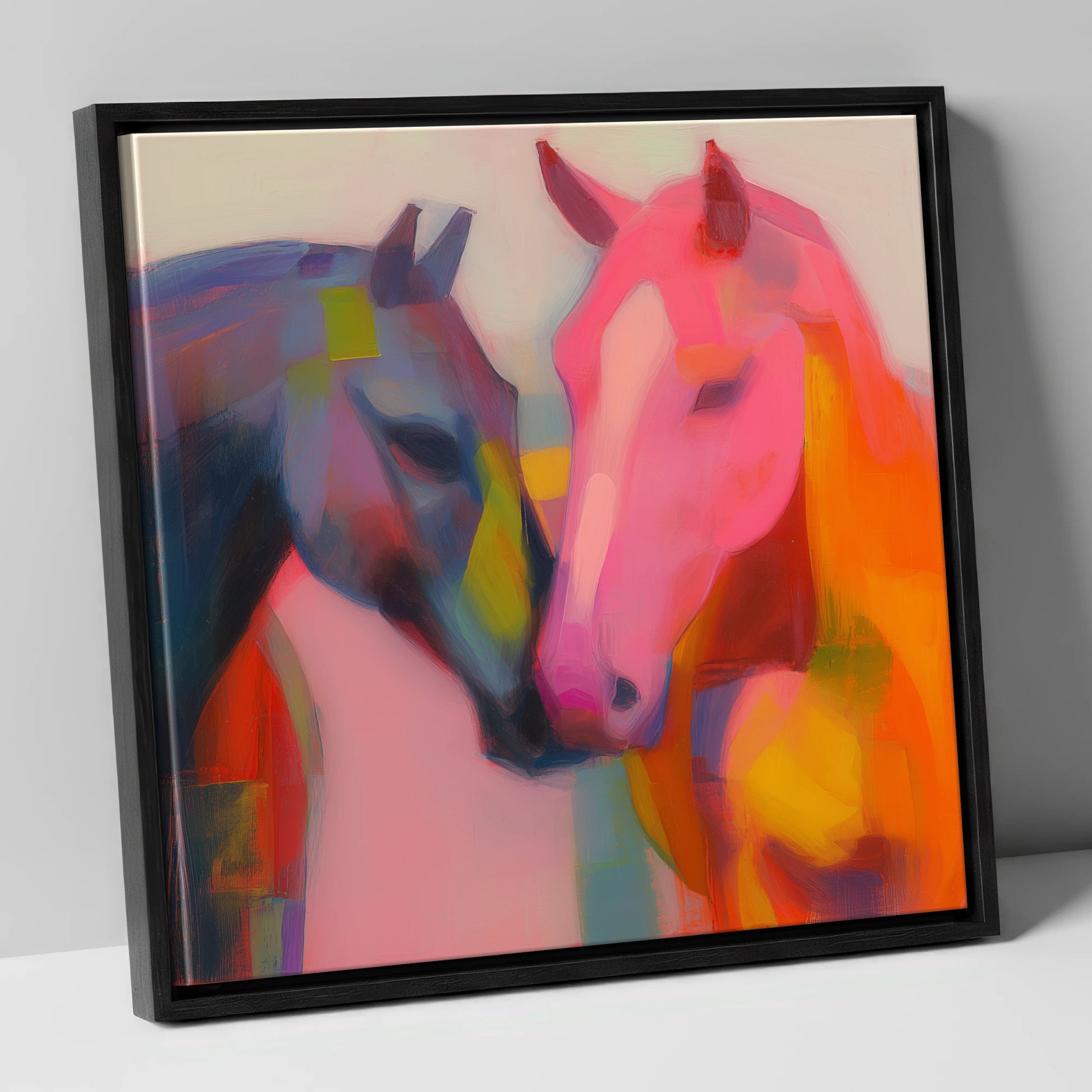 Vibrant Companions horse portrait canvas wall art in black frame