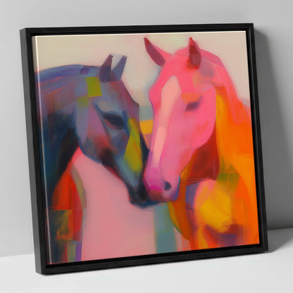 Vibrant Companions horse portrait canvas wall art in black frame