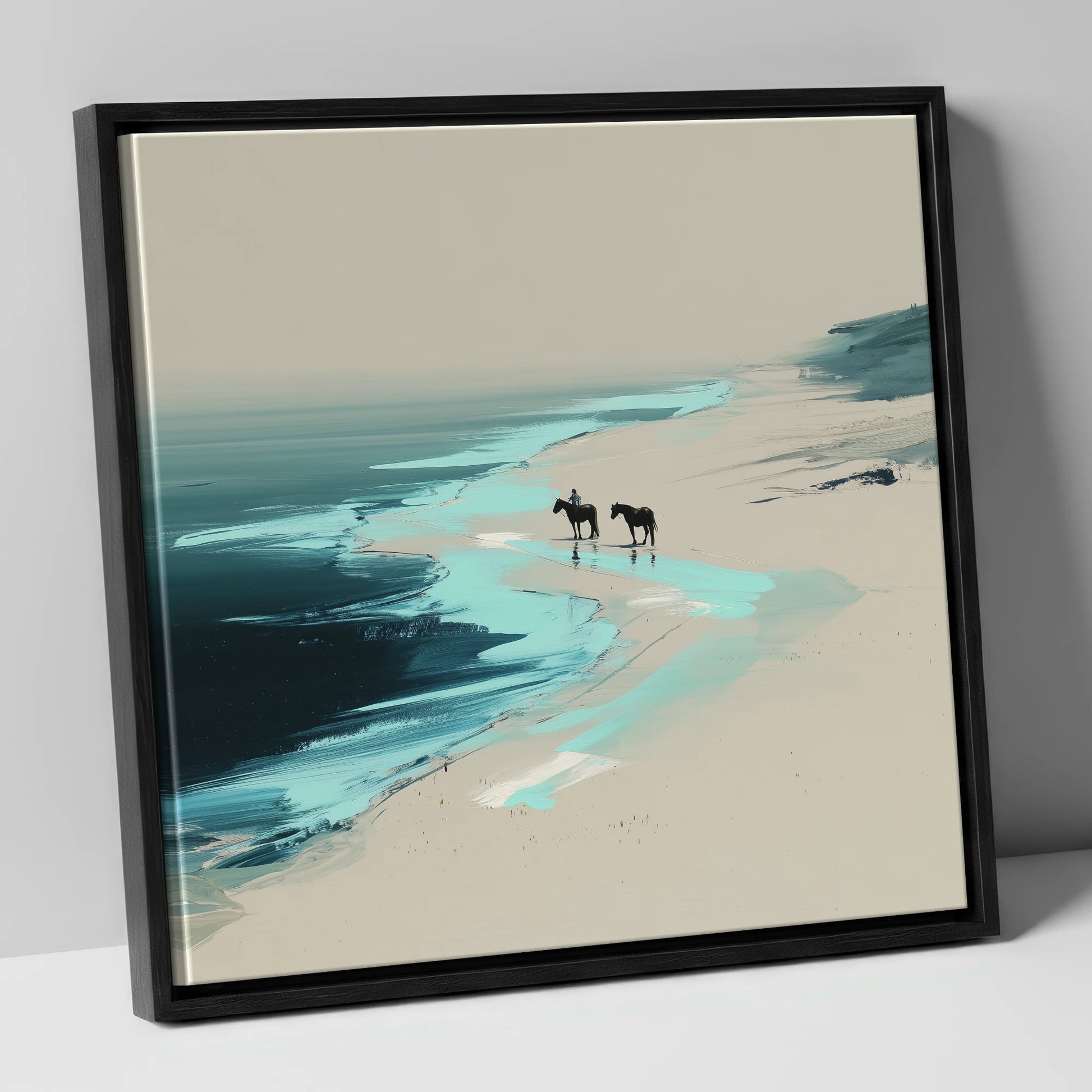 Edge of the Tide horse landscape canvas wall art in black frame