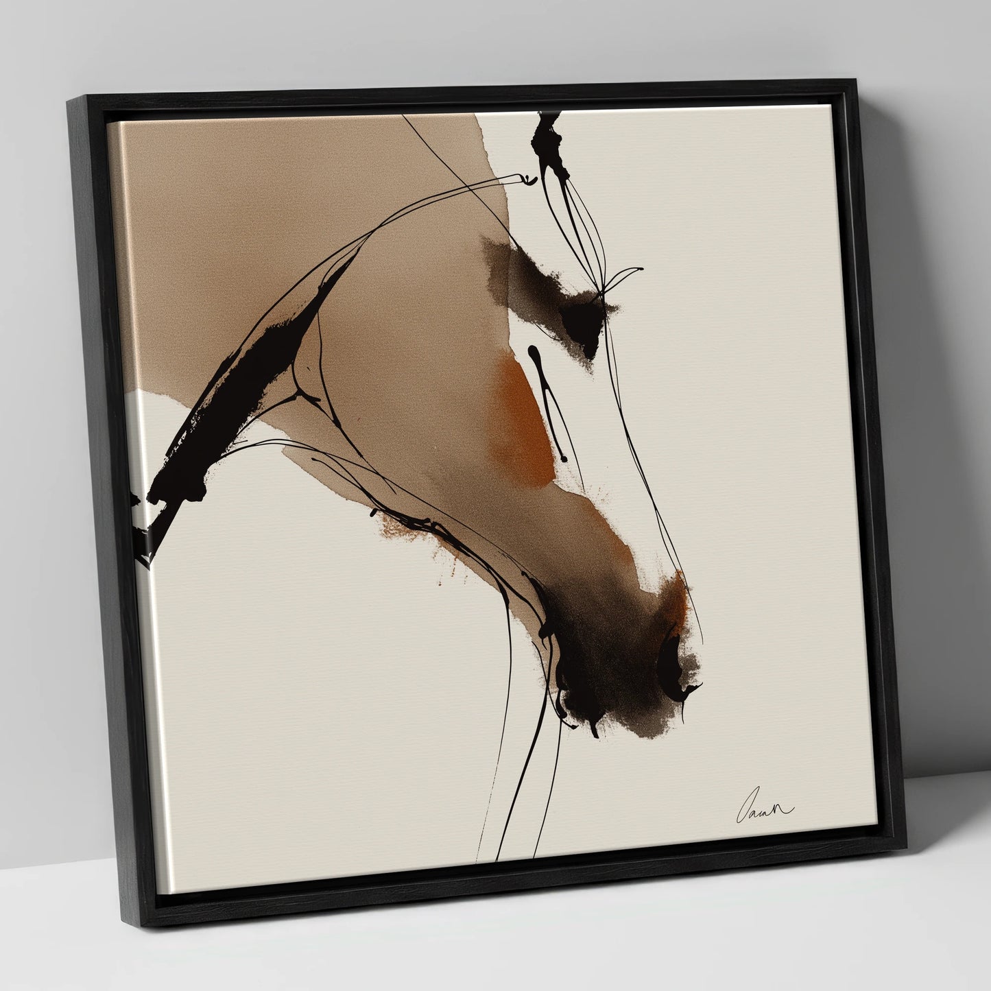 Abstract Sepia Profile horse portrait canvas wall art in black frame