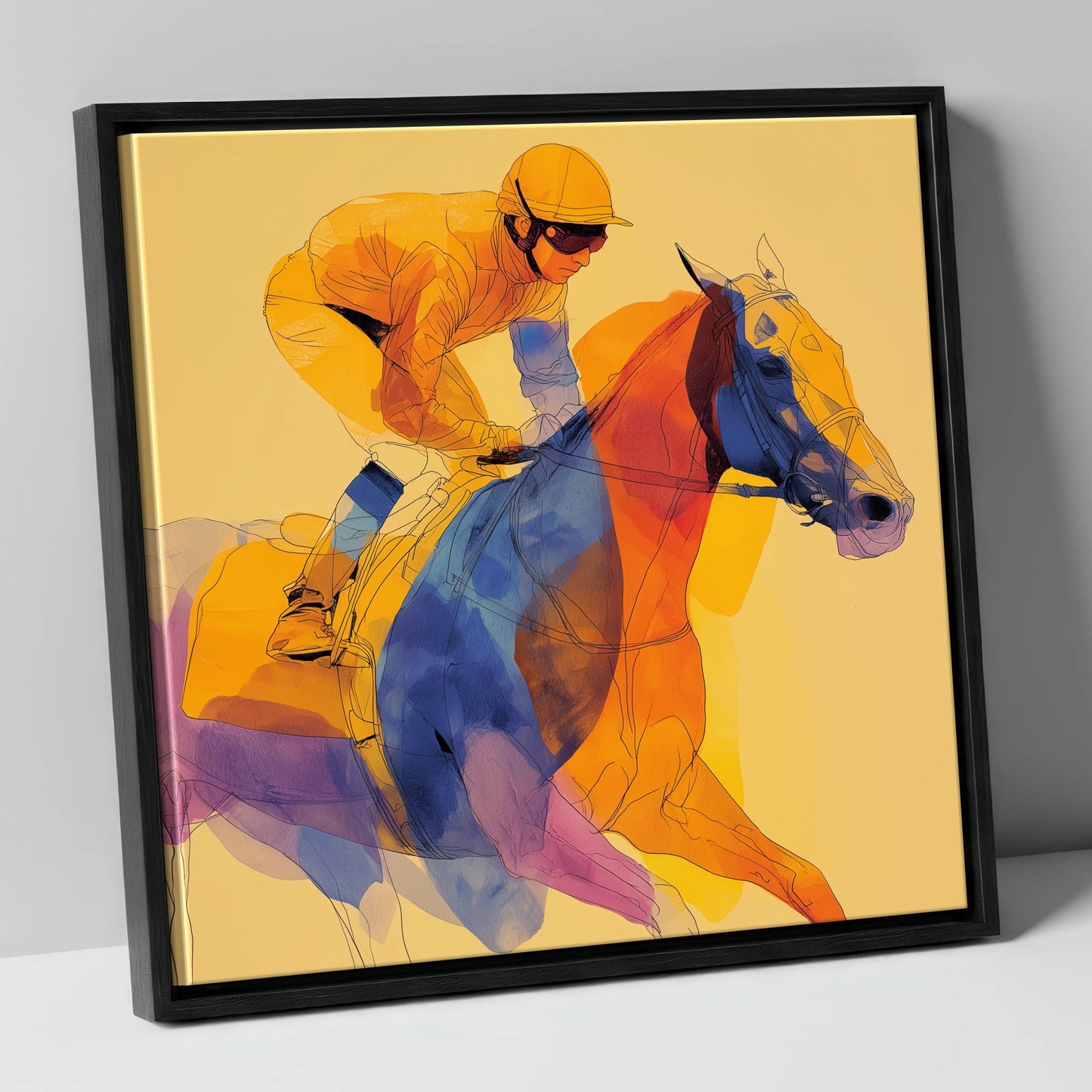 Prismatic Racing Stride racing horse canvas wall art in black frame