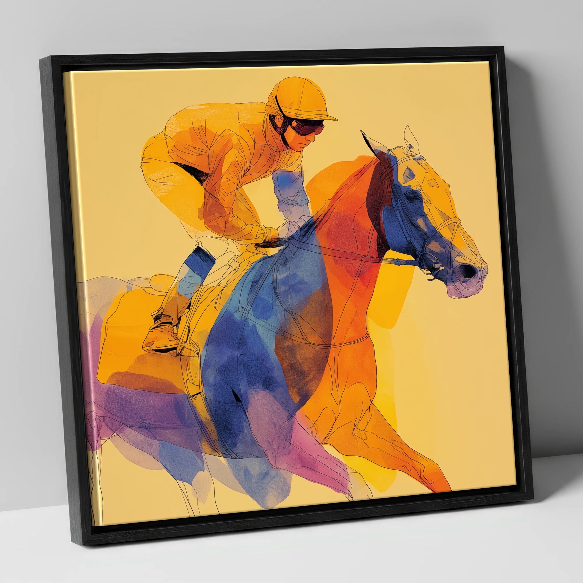 Prismatic Racing Stride racing horse canvas wall art in black frame