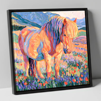 Colourful Horse in Wildflower Meadow horse breed canvas wall art in black frame