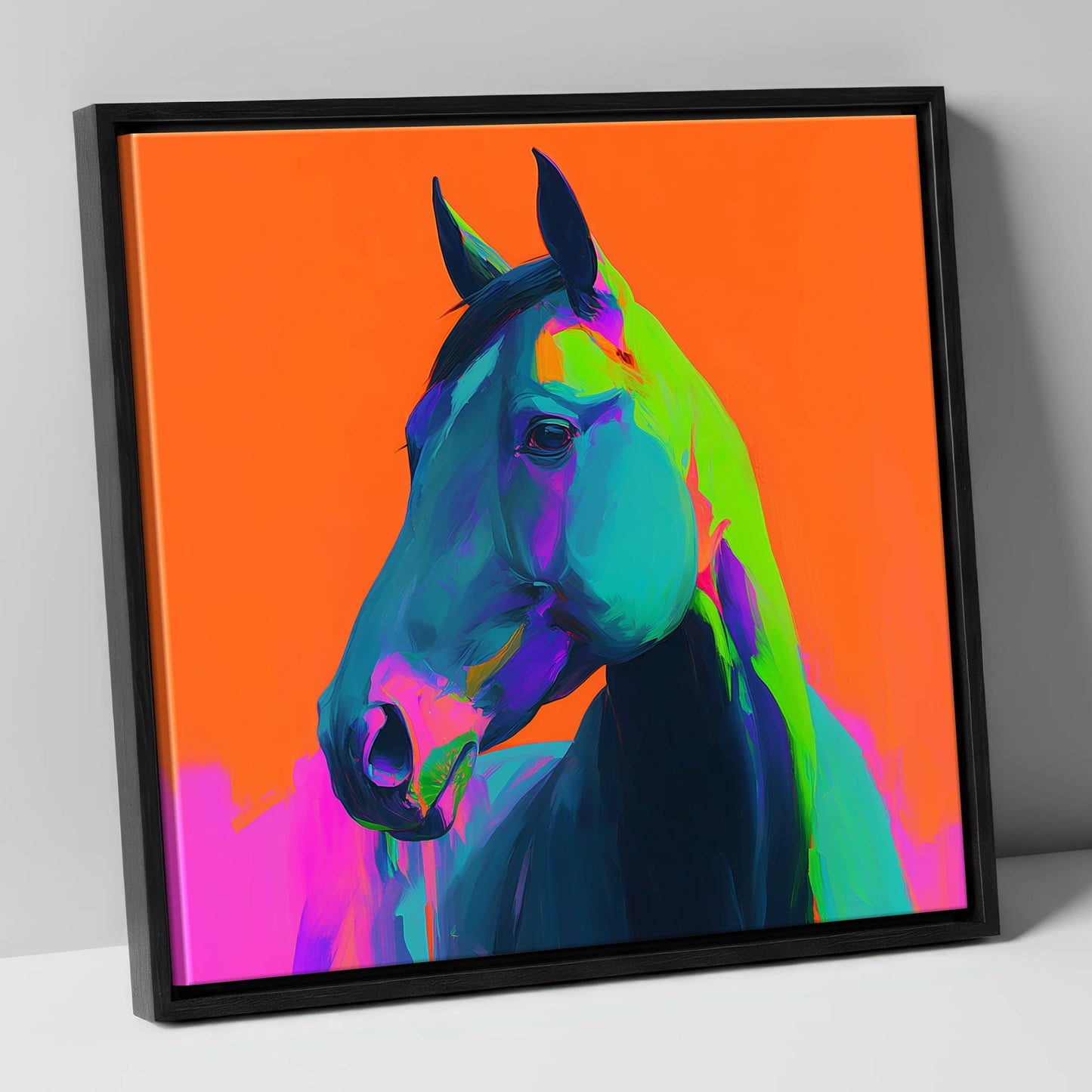 Electric Equine Spirit horse portrait canvas wall art in black frame