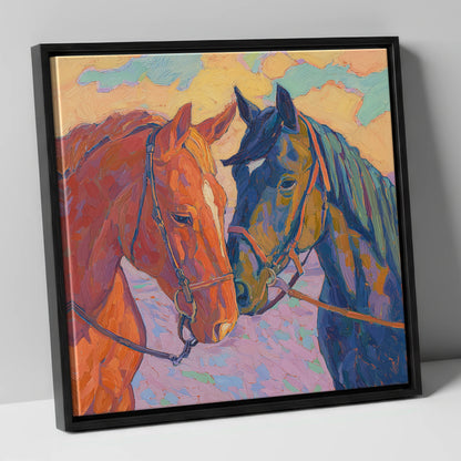 Vibrant Equine Bond horse portrait canvas wall art in black frame