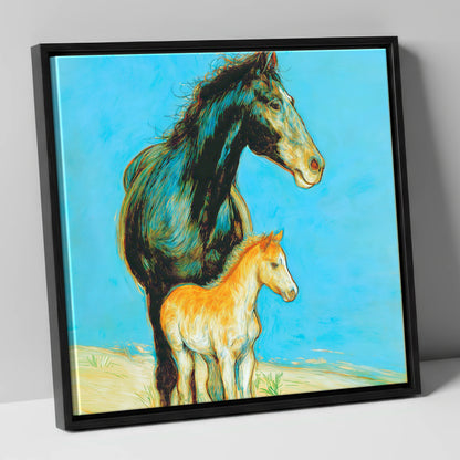 Cerulean Bond mare & foal canvas wall art in black frame