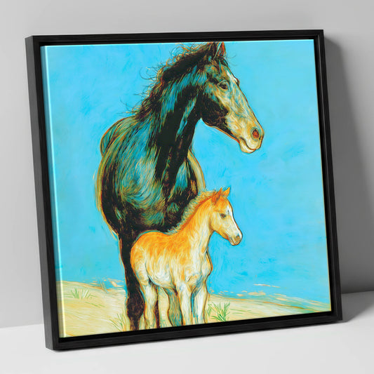 Cerulean Bond mare & foal canvas wall art in black frame